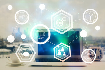 Poster - Computer on desktop with social network hologram. Double exposure. Concept of international people connections.