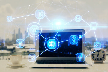 Poster - Computer on desktop with social network hologram. Double exposure. Concept of international people connections.