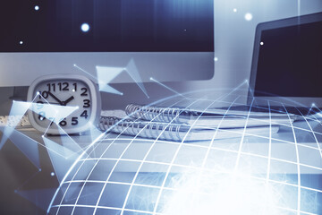 Poster - Multi exposure of table with computer and world map hologram. International data network concept.