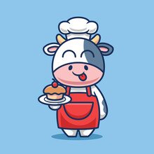 Cute Cow Chef With Cake In Hand Cartoon Vector Illustration
