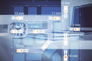 Poster - Desktop computer background in office with automobile hologram drawing. Multi exposure. Tech concept.