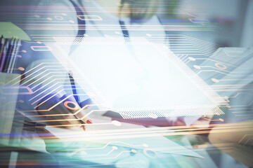 Poster - Multi exposure of woman's writing hand on background with data technology hud. Big data concept.