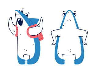 Sticker - Cute Blue Shark as Sea Animal with Dorsal Fin with Backpack and with Grumpy Face Vector Set