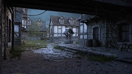Aufkleber - View along a cobbled street under medieval buildings in a fantasy village. 3D rendering