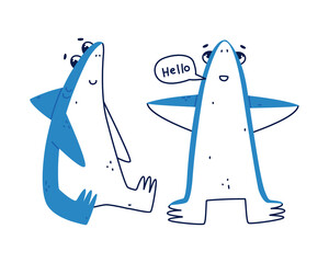 Poster - Cute Blue Shark as Sea Animal with Dorsal Fin Sitting and Saying Hello Vector Set