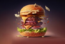 Close-up Of A Flying, Floating Cheeseburger On An Isolated Studio Background. The Ingredients Are Onion, Pickle, Tomato, Mayonnaise, Cheese, Bacon, Salad, And A Hamburger, From A Fast Food Restaurant.