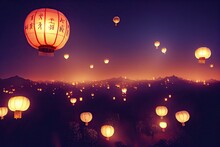 Chinese Lanterns Of Bamboo And Rice Paper And Are Usually Lit During Celebrations. Chinese Lanterns Are Seen Flying At Night During Chinese New Year Holiday. 3D Illustration For Festive Background.