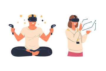 Sticker - Man and Woman Wearing Virtual Reality Headset Immersed in Abstract VR World Vector Set