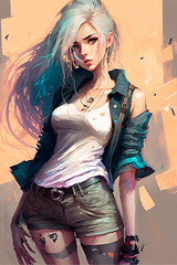 Poster - cool pretty anime girl dressing in modern trendy cloths