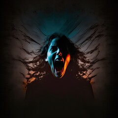 Wall Mural - Screaming woman with distorted face. Anguish, panic, anxiety, emotion. Emotional portrait. Generative AI.