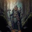 Dwarven warlock warrior in ancient forest of elves. Fantasy 3d character concept.