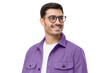 © Damir Khabirov - Close-up portrait of young handsome smiling man wearing casual purple shirt and glasses, looking away