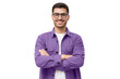 © Damir Khabirov - Portrait of young smiling latin man in purple shirt and glasses, feeling confident