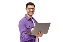 Portrait Of Young Modern Business Man Standing In Casual Purple Shirt, Holding Laptop And Looking At Camera With Happy Smile