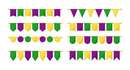 Vector triangle flags garland collection isolated on white. Burgee cartoon set for Mardi Gras decor