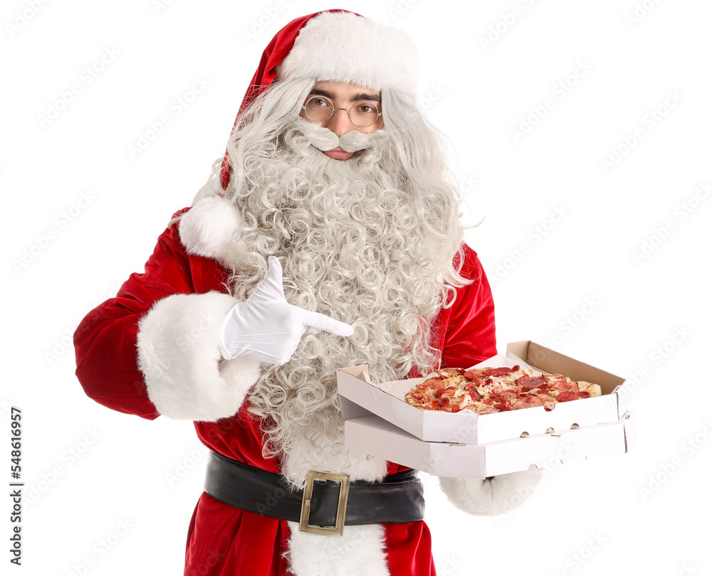 Santa Claus holding box with tasty pizza on white background