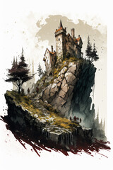 Illustration of a castle on a cliffside, fantasy style painting