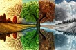 The four seasons in a tree reflected in the water of a lake. Concept of weather changing and cycle of nature in time.