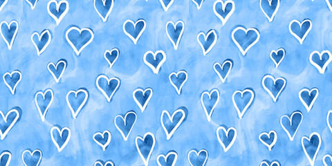 Wall Mural - Tranquil blue playful hand drawn doodle valentine hearts seamless background texture. Cute kidult abstract 2023 color trend fashion backdrop. Kid's room textile pattern or Baby boy nursery wallpaper.