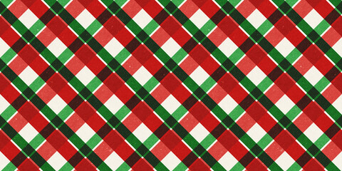 Red and green vintage rough kraft textured seamless diagonal plaid stripes Christmas decoration pattern. Classic xmas card background or gift wrap, wrapping paper or, winter holiday backdrop.