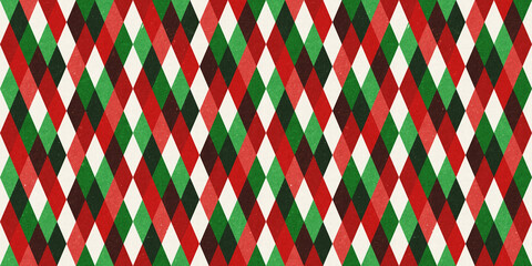 Red and green vintage rough kraft textured seamless diamond harlequin checkers Christmas decoration pattern. Classic xmas card background or gift wrap, wrapping paper or, winter holiday backdrop.