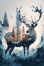 Double Exposure Of Reindeer And Winter Forest Illustration