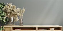 Wooden Cabinet Mockup In Modern Empty Room,dark Wall.3d Rendering