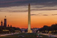 Landscaping Sunset View Of Landmark Obelisk Rising From The National Mall, Washington Dc