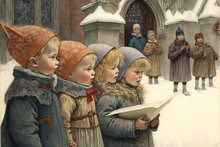 Christmas Card Illustration Vintage Style, Oil Pastel Hand-painted Style Ai Generated, Carols, People Celebrating Christmas On A Snowy Day, Happiness