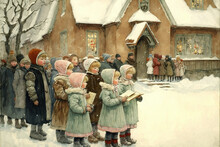 Christmas Card Illustration Vintage Style, Oil Pastel Hand-painted Style Ai Generated, Carols, People Celebrating Christmas On A Snowy Day, Happiness