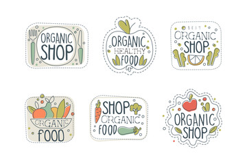 Poster - Organic healthy food labels set. Organic shop, farm market and eco natural products badges hand drawn vector illustration