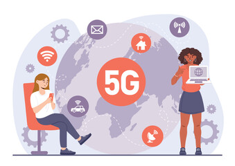 Poster - 5g Internet concept. Man and woman with gadgets and devices on background of large map of planet. Wireless connection, modern technologies and digital world. Cartoon flat vector illustration
