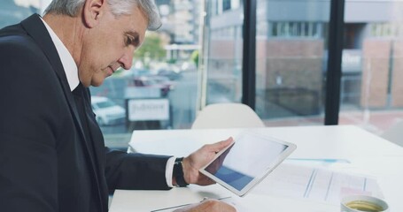 Poster - Businessman, tablet and research in office, writing ideas on documents or paperwork. Tech, mature and male employee or manager on digital touchscreen write down notes for report, proposal or project.
