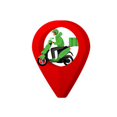 Poster - Delivery services and logistics. Scooter with man is carrying parcels on points. Concept online map, tracking, service. Vector illustration.
