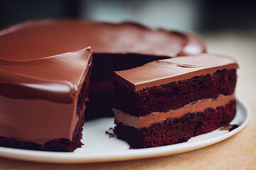 Wall Mural - chocolate cake with chocolate cream lies on a white plate