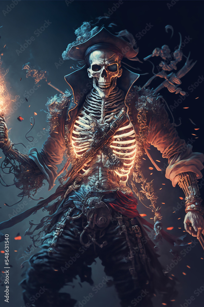 Pirate Skeleton Warrior, Fantasy Skel, Concept Art, Character Art, Skeleton Background, Digital Illustration, Generative AI