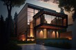 Modern House Exterior Evening View With Interior Lighting