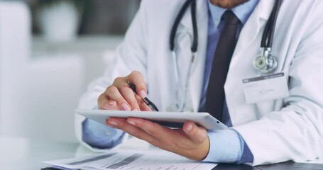 Poster - Tablet, hands and doctor with research for medical science on a healthcare development digital website in an office. Productivity, faq and hospital worker searching news or networking via email