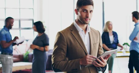 Aufkleber - Businessman, tablet and startup with technology and office, business and leader in portrait, manager with digital information and web. Connect, company and management, man with tech and 5g network.
