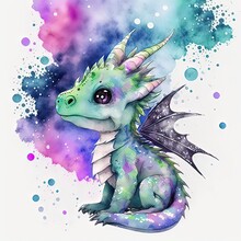 Cute Adorable Cartoon Dragon In Water Color Style