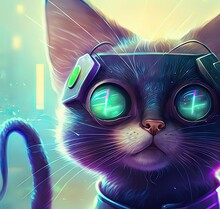Futuristic Cyber Cat In Cyberpunk Style, Digital Art Style, Illustration Painting.