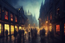 Concept Of A Night View Of Temple Bar Street In Dublin, Ireland, Water Color Style. Photorealistic Water Color Painting. Digital Art Style, Illustration Painting.