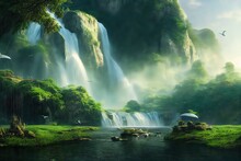 Picturesque Landscape With Waterfall And Flying Dinosaurs, Digital Art Style, Illustration Painting.