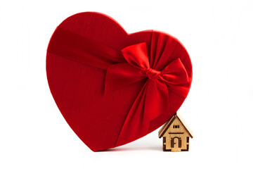 A symbolic wooden house and a gift box in the form of a human heart symbol