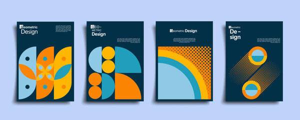 Wall Mural - Abstract bauhaus geometric pattern poster set. Vector circle, triangle and square lines art design. Vintage color bauhaus Swiss cover design
