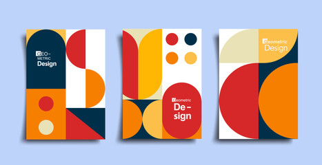 Wall Mural - Abstract bauhaus geometric pattern poster set. Vector circle, triangle and square lines art design. Vintage color bauhaus Swiss cover design