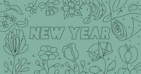 Poster - Flower line art background with New Year text. Wildflower cartoon border, frame animation.