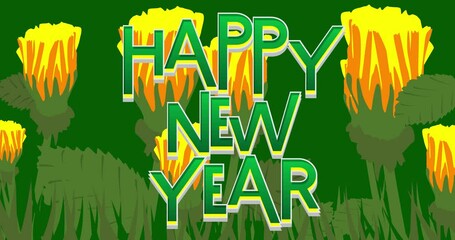 Poster - Flower Meadow with Happy New Year Text. Wildflower cartoon animation.