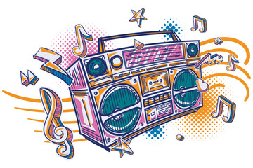 Poster - Music design - funky colorful drawn boom box tape recorder with musical notes