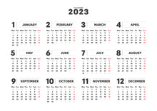 2023年のシンプルな年間カレンダー - 月曜始まり･12ヶ月･1年分の暦 - A4比率
